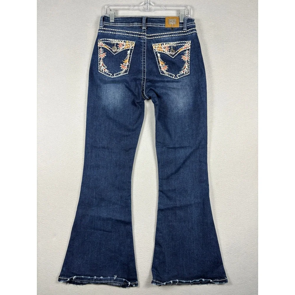 Western Blue Flare Jeans Floral Embroidered Distressed Hem 11 30x29.5 Dark Boho